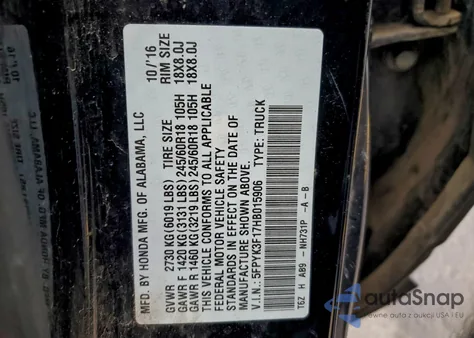 2017 Honda Ridgeline Sport из США, поврежденный, VIN 5FPYK3F17HB015906